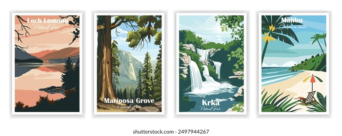 Krka, Loch Lomond, Malibu, playa de California, Mariposa Grove, Parque Nacional. Conjunto de carteles de viaje de Antiguas, viaje Abstractas, Ilustración vectorial