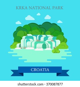 KRKA National Park in Croatia. Flat cartoon style historic sight showplace attraction web site vector illustration. World countries cities vacation travel sightseeing collection.