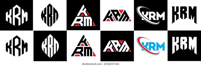 Diseño del logotipo de la letra de KRM en seis estilos. KRM polígono, círculo, triángulo, hexágono, estilo plano y simple con logo de letra de variación de color blanco y negro en una mesa de trabajo. Logotipo minimalista y clásico de KRM
