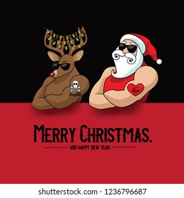 Krngle muscle man mascot with his muscular reindeer sporting naughty and nice tattoos. Eps10 vector illustration.