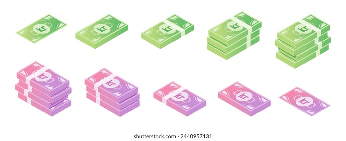 Conjunto de iconos isométricos de billetes en coronas o coronas