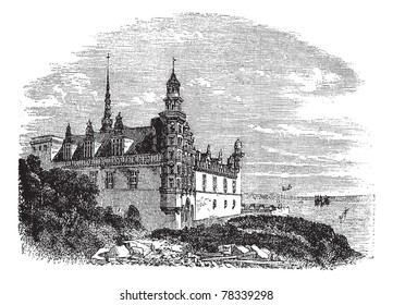 Kronborg Castle in Helsingor, Denmark, during the 1890s, vintage engraving. Old engraved illustration of Kronborg Castle. Trousset Encyclopedia