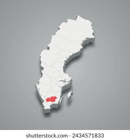 Kronoberg county highlighted in red on a grey Sweden 3d map