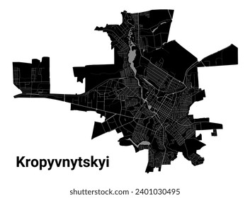 Mapa de la ciudad de Kropyvnytskyi, Ucrania. Fronteras administrativas municipales, mapa de zonas negras y blancas con ríos y carreteras, parques y ferrocarriles. Ilustración vectorial.