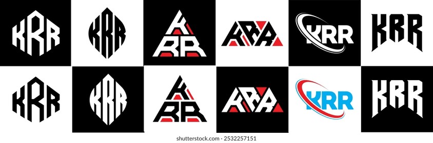 Diseño de logotipo de letra KRR en seis estilos. KRR polígono, círculo, triángulo, hexágono, estilo plano y simple con logo de letra de variación de color blanco y negro en una mesa de trabajo. Logotipo minimalista y clásico de KRR