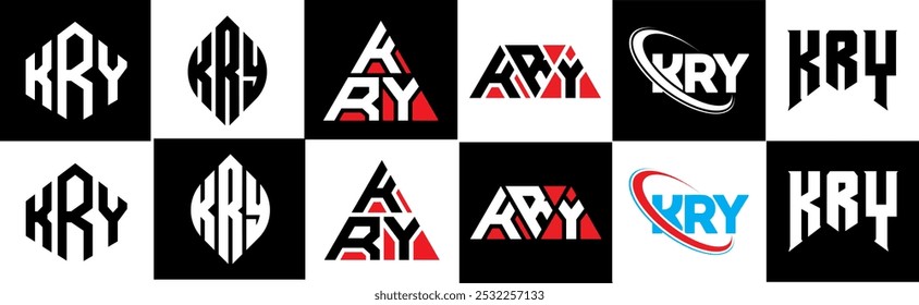 KRY letter logo design in six style. KRY polygon, circle, triangle, hexagon, flat and simple style with black and white color variation letter logo set in one artboard. KRY minimalist and classic logo