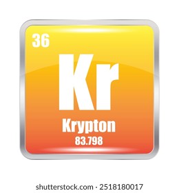 Krypton icon. Kr chemical element. Atomic number 36. Mass 83.798. Yellow background.