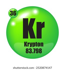 Krypton icon. Kr chemical element. Atomic number 36. Mass 83.798. Green sphere.