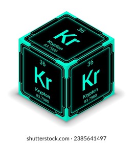 Krypton (Kr) (036) - futuristische, zybernetische, zybernetische Kubikwürfelblockansicht, Symbol einzeln auf weißem Hintergrund, periodischer Tabelle, chemisches Symbol, Name, Atommasse, Atomnummer