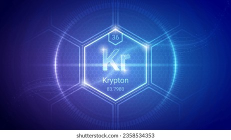 Krypton (Kr) (036) Noble Gas - Fundamental Element Futuristic Neon Light Glow Hexagon Block Grid Background Design - Periodic Table, Chemical Symbol, Name, Atomic Mass, Atomic Number