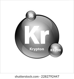 Krypton (Kr) chemical element Icon structure round shape circle grey, silver, black easily. Periodic table Sign with atomic number. Study in science for education. 3D Illustration vector.