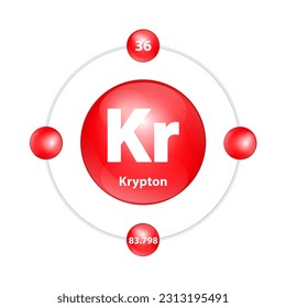 Krypton (Kr) Icon structure chemical element round shape circle light red with surround ring. 3D Illustration vector. Period number shows of energy levels of electron. Study science for education.