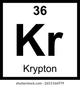 Tabela periódica de elementos em Krypton (Kr). Ícone com número atômico 36. Gás nobre usado em iluminação de alto desempenho e lasers. Conceito de educação científica.