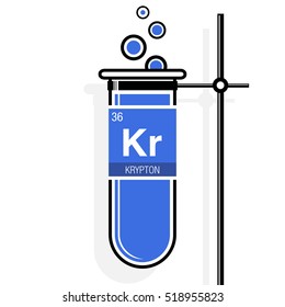 Krypton symbol on label in a blue test tube with holder. Element number 36 of the Periodic Table of the Elements - Chemistry