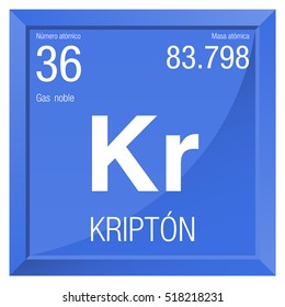Krypton symbol - Krypton in Spanish language - Element number 36 of the Periodic Table of the Elements - Chemistry - Square frame with blue background