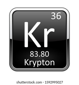 Krypton symbol.Chemical element of the periodic table on a glossy black background in a silver frame.Vector illustration.
