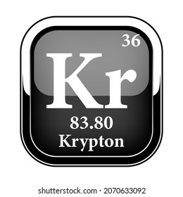Símbolo krypton.Elemento químico de la tabla periódica sobre un fondo negro brillante en un marco plateado.Ilustración vectorial.