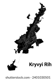 Mapa de la ciudad de Kryvyi Rih, Ucrania. Fronteras administrativas municipales, mapa de zonas negras y blancas con ríos y carreteras, parques y ferrocarriles. Ilustración vectorial.