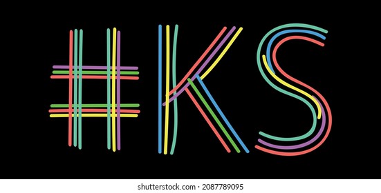 KS Hashtag. Isolate neon doodle lettering text from multi-colored curved neon lines like from a felt-tip pen, pensil. #KS is abbreviation for the US America state Kansas for banner, social network