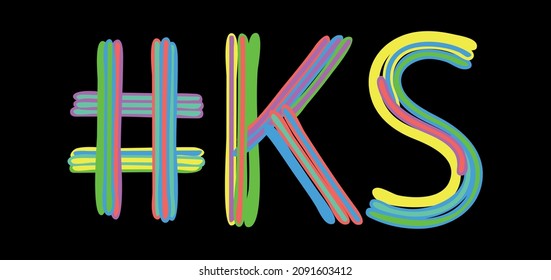 KS Hashtag. Multicolored bright isolate curves doodle letters like from marker, oil paint. #KS is abbreviation for the USA state Kansas for social network, web resources, mobile apps.