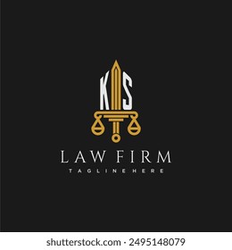 Monograma inicial KS para el logotipo de la firma de abogados con espada y escala