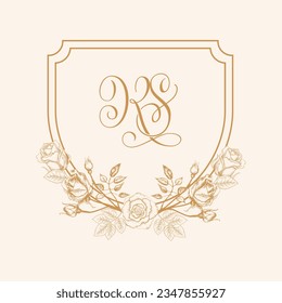 Monograma de la cresta de boda inicial KS. Diseño del logotipo de boda con flor de rosa inferior, diseño del reposapiés de boda floral.