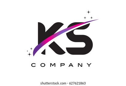 KS K S Black Letter Logo Design with Purple Magenta Swoosh and Stars.