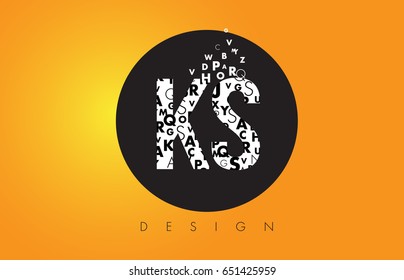 KS K S Logo Design Made of Small Letters with Black Circle and Yellow Background.