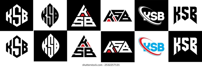 Diseño del logotipo de la letra de KSB en seis estilos. KSB polígono, círculo, triángulo, hexágono, estilo plano y simple con logo de letra de variación de color blanco y negro en una mesa de trabajo. Logotipo minimalista y clásico de KSB