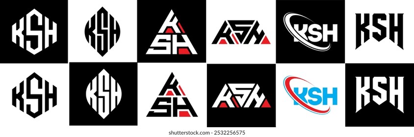 Design do logotipo da letra do KSH em seis estilos. Polígono, círculo, triângulo, hexágono, estilo simples e plano do KSH com o logotipo da letra de variação de cor preta e branca definido em uma prancheta. Logotipo minimalista e clássico do KSH