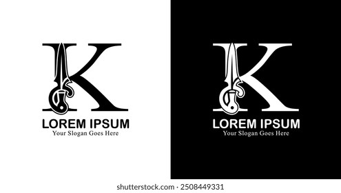 Design de logotipo em forma de K combinado com uma espada