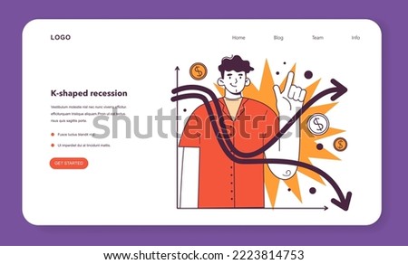 K-shaped recession type. Economic slow down or stagnation cause. Economical activity decline sign. Flat vector illustration