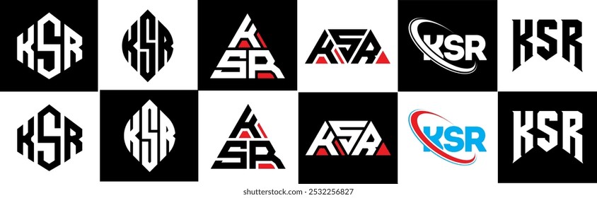 KSR letter logo design in six style. KSR polygon, circle, triangle, hexagon, flat and simple style with black and white color variation letter logo set in one artboard. KSR minimalist and classic logo