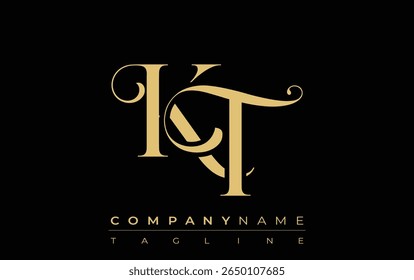 Logo de joyería creativa Abstractas KT. Logotipo elegante con iniciales de monograma doradas en una tipografía elegante y moderna, perfecta para la marca