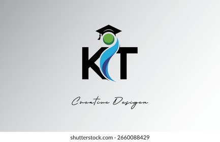 Logotipo creativo de la letra de KT con el casquillo de la graduación y el humano Abstractas – Educación moderna y diseño del símbolo del aprendizaje