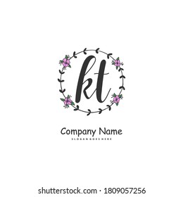 KT Initial handwriting and signature logo design with circle. Beautiful design handwritten logo for fashion, team, wedding, luxury logo.