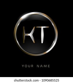KT initial letters with circle elegant logo golden silver black background