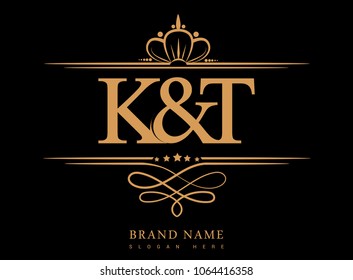 K&T Initial logo, Ampersand initial logo gold with crown and classic pattern