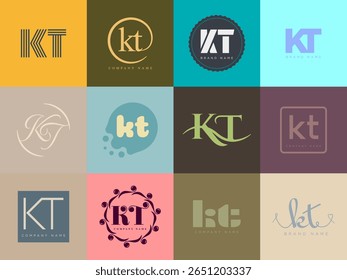 KT logo company template. Letter k and t logotype. Set different classic serif lettering and modern bold text with design elements. Initial font typography. Collection trendy business identity.