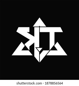 Monograma del logotipo de KT aislado con plantilla de diseño de forma triangular en fondo negro