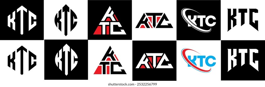 KTC letter logo design in six style. KTC polygon, circle, triangle, hexagon, flat and simple style with black and white color variation letter logo set in one artboard. KTC minimalist and classic logo