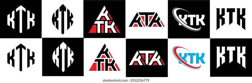 KTK letter logo design in six style. KTK polygon, circle, triangle, hexagon, flat and simple style with black and white color variation letter logo set in one artboard. KTK minimalist and classic logo