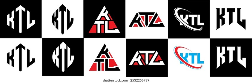 Design do logotipo da letra KTL em seis estilos. Polígono KTL, círculo, triângulo, hexágono, estilo simples e plano com logotipo de letra de variação de cor preta e branca definido em uma prancheta. Logotipo minimalista e clássico do KTL