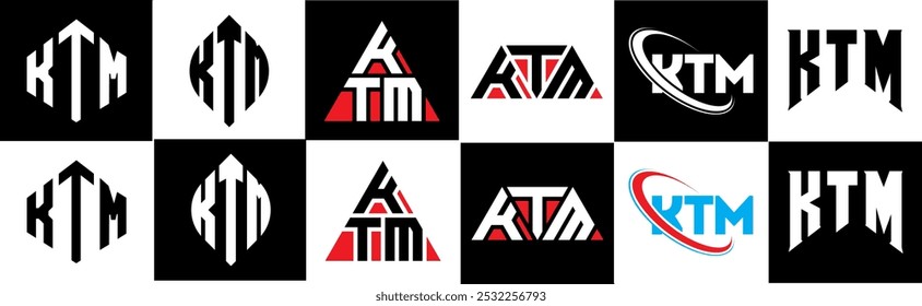 KTM letter logo design in six style. KTM polygon, circle, triangle, hexagon, flat and simple style with black and white color variation letter logo set in one artboard. KTM minimalist and classic logo