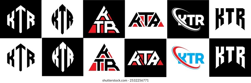 KTR Buchstaben Logo Design in sechs Stil. KTR Polygon, Kreis, Dreieck, Sechseck, flach und einfach mit schwarz-weißem Farbvariationsbuchstaben Logo in einem Zeichenbrett gesetzt. KTR minimalistisches und klassisches Logo