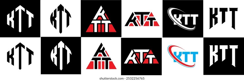 KTT letter logo design in six style. KTT polygon, circle, triangle, hexagon, flat and simple style with black and white color variation letter logo set in one artboard. KTT minimalist and classic logo