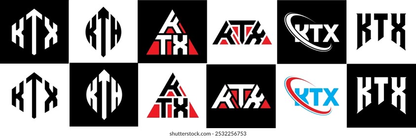 KTX letter logo design in six style. KTX polygon, circle, triangle, hexagon, flat and simple style with black and white color variation letter logo set in one artboard. KTX minimalist and classic logo