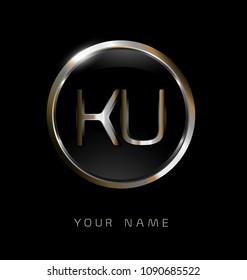 KU initial letters with circle elegant logo golden silver black background