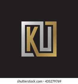 KU initial letters looping linked square elegant logo golden silver black background