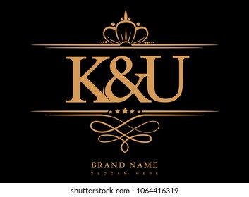 K&U Initial logo, Ampersand initial logo gold with crown and classic pattern